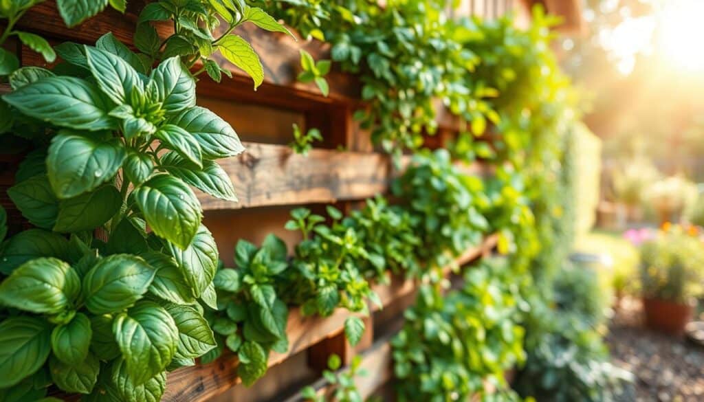A vertical herb garden made from rustic wooden pallets, filled with various thriving herbs like basil, mint, and rosemary. The foreground showcases a close-up of vibrant green leaves glistening with morning dew. In the middle, the wooden pallets are neatly arranged on a fence, showcasing a variety of herbs positioned in parallel rows, each plant thriving in its own designated space. The background features a soft-focus garden scene with sunlight cascading through the leaves, enhancing the natural beauty. The image is bright and airy, radiating a warm, inviting atmosphere, captured with a wide-angle lens and soft natural light to highlight the lush greenery and wooden textures. No humans present. A vertical herb garden made from rustic wooden pallets, filled with various thriving herbs like basil, mint, and rosemary. The foreground showcases a close-up of vibrant green leaves glistening with morning dew. In the middle, the wooden pallets are neatly arranged on a fence, showcasing a variety of herbs positioned in parallel rows, each plant thriving in its own designated space. The background features a soft-focus garden scene with sunlight cascading through the leaves, enhancing the natural beauty. The image is bright and airy, radiating a warm, inviting atmosphere, captured with a wide-angle lens and soft natural light to highlight the lush greenery and wooden textures. No humans present.