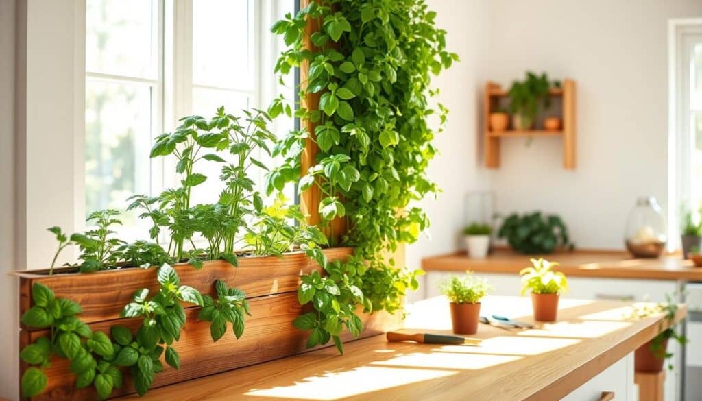 A vertical herb garden thriving in a bright, airy kitchen setting, showcasing a variety of lush green herbs such as basil, parsley, and mint. In the foreground, a wooden planter vertically arranged with herbs, displaying healthy leaves and vibrant colors. The middle ground features a warm wooden countertop adorned with gardening tools and fresh herbs in small pots. Sunlight streams in from a large window, casting soft shadows and creating a cheerful atmosphere. In the background, light-colored walls and natural elements like potted plants enhance the serene, homey vibe. The scene is well-composed with a focus on the vertical garden, evoking a sense of freshness and vitality, perfect for maintenance tips on healthy herb growing.