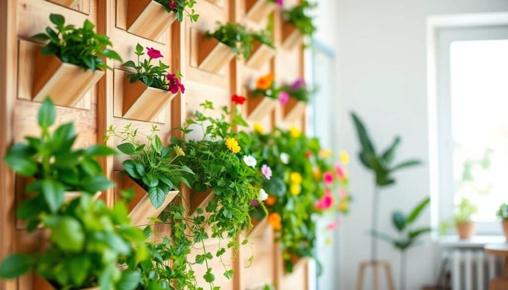 A vertical planter wall featuring a versatile pocket planter design filled with vibrant green plants and colorful flowers. The foreground shows the pocket planters made from natural wood, showcasing their texture and craftsmanship. In the middle, lush plants spill from the pockets, creating a cascading effect of greenery. The background features a soft-focus view of a sunlit room with white walls, highlighting the airy atmosphere and bright natural light filtering in through a window. The scene is shot from a slightly elevated angle to capture the full height of the planter. The overall mood is fresh, inviting, and perfect for small space gardening, emphasizing the beauty and functionality of vertical gardens.