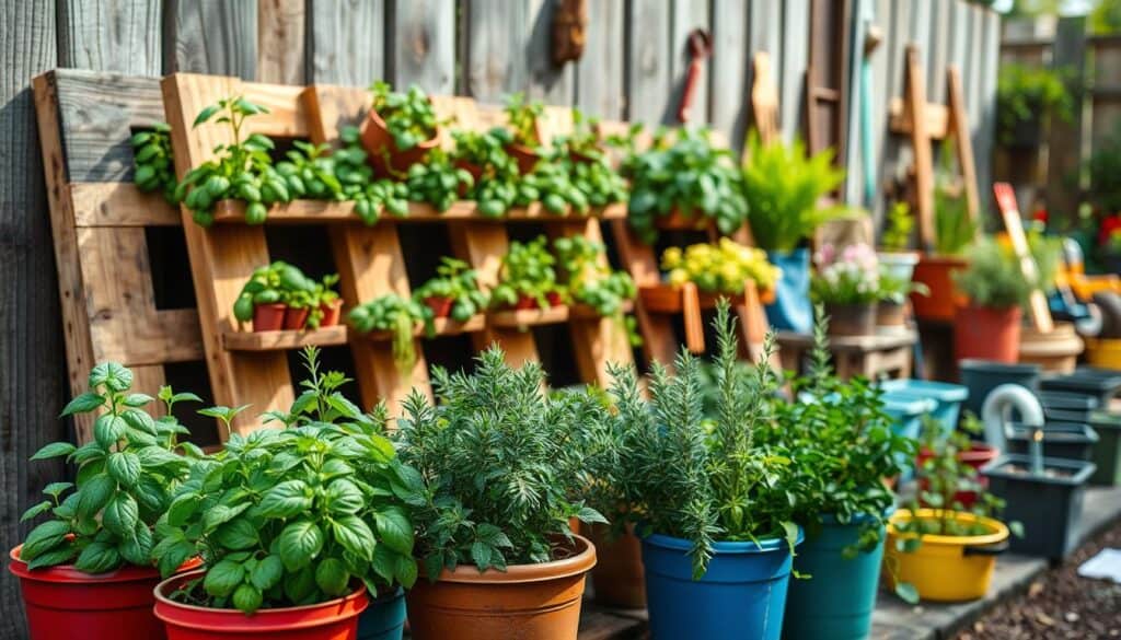 A vibrant DIY vertical herb garden constructed from rustic wooden pallets positioned against a weathered fence. In the foreground, various fresh herbs such as basil, rosemary, and thyme are thriving in colorful pots and planters, showcasing rich greens and earthy tones. In the middle, the wooden pallets are artistically arranged, with some partially filled and others showcasing healthy herbs reaching for the sun. The background features a sunny garden environment, decorated with additional garden tools and decorative elements that evoke a sense of homeliness. The image is captured in soft, natural light to highlight the textures of the wood and foliage, evoking a warm, inviting atmosphere that inspires creativity and learning. The angle is slightly tilted to emphasize depth, focusing attention on the details of the garden setup. A vibrant DIY vertical herb garden constructed from rustic wooden pallets positioned against a weathered fence. In the foreground, various fresh herbs such as basil, rosemary, and thyme are thriving in colorful pots and planters, showcasing rich greens and earthy tones. In the middle, the wooden pallets are artistically arranged, with some partially filled and others showcasing healthy herbs reaching for the sun. The background features a sunny garden environment, decorated with additional garden tools and decorative elements that evoke a sense of homeliness. The image is captured in soft, natural light to highlight the textures of the wood and foliage, evoking a warm, inviting atmosphere that inspires creativity and learning. The angle is slightly tilted to emphasize depth, focusing attention on the details of the garden setup.