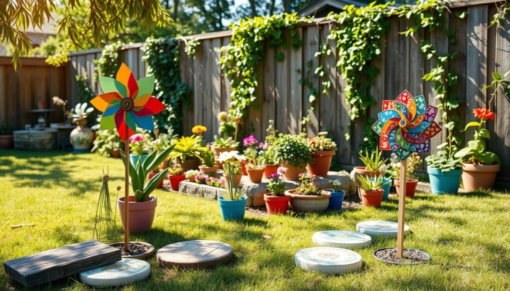 A vibrant DIY yard art scene showcasing creative garden projects in a sunny backyard. In the foreground, a colorful wooden wind spinner catches the gentle breeze, surrounded by handmade mosaic stepping stones with intricate designs. The middle ground features a whimsical flowerbed filled with various potted plants, some painted in bright colors, complementing the yard art. In the background, a rustic wooden fence covered in climbing vines enhances the homey atmosphere. Soft sunlight filters through the leaves, casting playful shadows on the grass. The overall mood is cheerful and inviting, embodying the spirit of creativity and personalization in outdoor decor. The composition should be captured with a wide-angle lens to emphasize the openness and beauty of the backyard space.