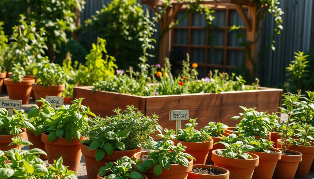 A vibrant and charming herb garden brimming with life, featuring a variety of lush herbs like basil, rosemary, and mint in an organized layout. In the foreground, cheerful terracotta pots with hand-painted designs house different herbs, each labeled with small, rustic signs. The middle ground showcases a wooden raised garden bed, overflowing with fresh green foliage and pops of color from edible flowers, creating a delightful and functional space. In the background, a quaint wooden trellis adorned with climbing plants gently frames the scene, bathed in soft sunlight that casts warm, inviting shadows. The atmosphere is tranquil and uplifting, inviting viewers to envision their own slice of garden paradise. Shot with a shallow depth of field to emphasize the details of the herbs while keeping the background softly blurred.