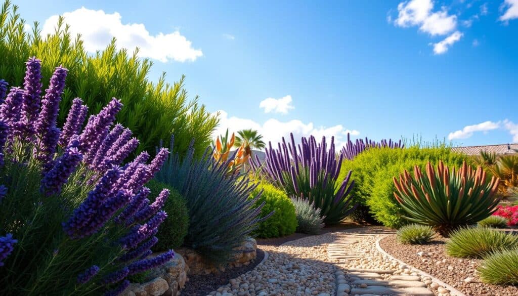A vibrant and colorful landscaping scene featuring a variety of hardy drought-tolerant shrubs, like lavender, sage, and manzanita, arranged in a beautifully designed garden. In the foreground, the lush foliage of these shrubs displays rich greens and vibrant purples, while the middle ground showcases a pebble pathway leading through the garden. The background includes a sunny blue sky with soft, fluffy clouds, casting gentle shadows on the plants. The scene is illuminated by bright natural light, enhancing the textures and colors of the foliage. Capture a warm and inviting atmosphere, emphasizing the resilience and beauty of these shrubs, perfect for a sustainable home garden setting. A vibrant and colorful landscaping scene featuring a variety of hardy drought-tolerant shrubs, like lavender, sage, and manzanita, arranged in a beautifully designed garden. In the foreground, the lush foliage of these shrubs displays rich greens and vibrant purples, while the middle ground showcases a pebble pathway leading through the garden. The background includes a sunny blue sky with soft, fluffy clouds, casting gentle shadows on the plants. The scene is illuminated by bright natural light, enhancing the textures and colors of the foliage. Capture a warm and inviting atmosphere, emphasizing the resilience and beauty of these shrubs, perfect for a sustainable home garden setting.