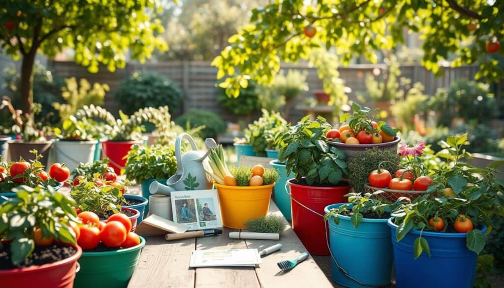 A vibrant and creative bucket garden plan showcasing various vegetables arranged organically in colorful, recycled buckets. In the foreground, focus on a selection of buckets filled with rich soil, each brimming with healthy plants like tomatoes, peppers, and herbs, displaying their lush green leaves and colorful fruits. In the middle, depict a rustic wooden table featuring gardening tools, seed packets, and a watering can, emphasizing an inviting DIY atmosphere. The background reveals a sunny, airy garden scene with soft sunlight filtering through leafy branches, creating a warm and cheerful environment. The overall mood is inspiring and uplifting, perfect for beginners. The image is shot from a slightly elevated angle, highlighting the abundance of life in the garden while maintaining clarity and detail in all elements.