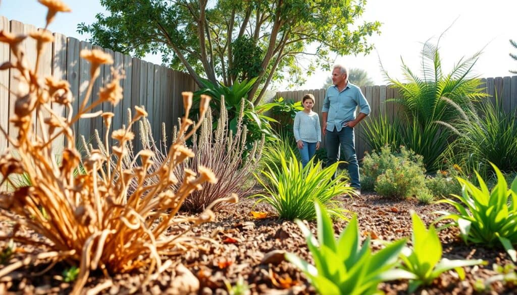 A vibrant and detailed backyard garden highlighting common mistakes in low-water conservation gardening. In the foreground, display dry, wilting plants, indicating overexposure to sunlight and inadequate watering techniques, alongside misplaced mulch and overgrown weeds. The middle ground features a well-intentioned gardener in modest casual clothing examining the scene with concern, while struggling to understand the issues created by poor plant selection and incorrect plant placement. In the background, a bright, sunny sky casts soft natural light over the garden, emphasizing a stark contrast between thriving native plants in the corner and the neglected areas. The overall mood is educational yet hopeful, capturing the importance of proper water management while inspiring improvement in gardening practices.