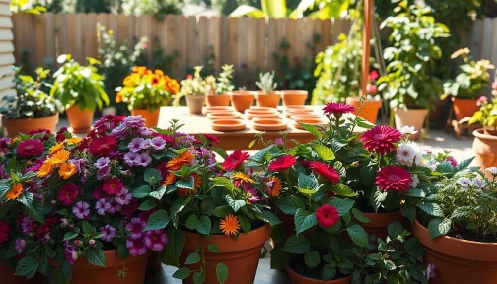 A vibrant and detailed container garden scene highlighting the pitfalls of overcrowding planters. In the foreground, a variety of colorful flowering plants are haphazardly crammed into clay pots, their leaves overlapping excessively and some visibly wilting. In the middle, a wooden garden table displays partially empty containers, hinting at the potential for better plant arrangement. The background features a sunny patio adorned with lush greenery and a wooden fence, illuminated by soft sunlight that casts gentle shadows. The atmosphere feels warm and inviting, contrasting with the chaotic planter setup. The image captures the essence of beginner gardening challenges, stressing the importance of proper spacing in container gardening. The overall scene is realistic, showcasing a blend of nature and home gardening decor in a well-lit, airy environment.