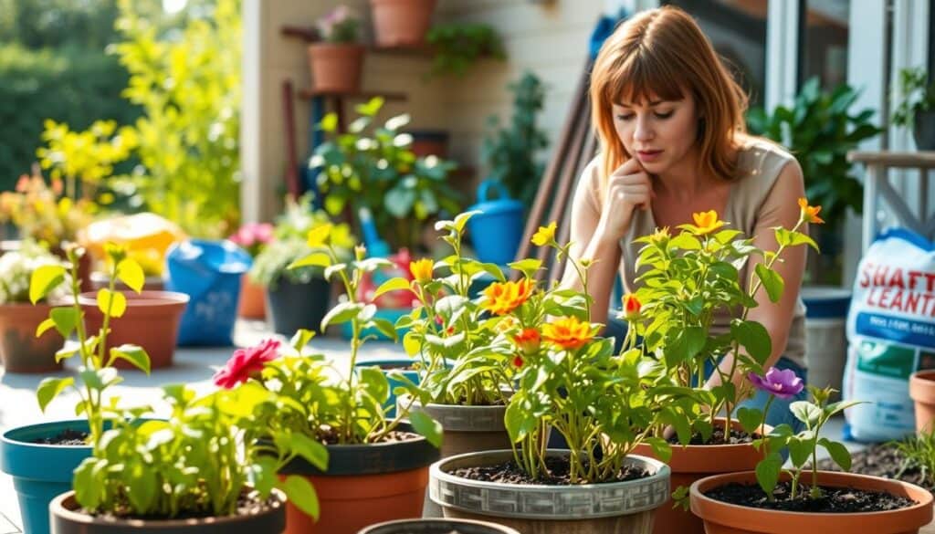 A vibrant and educational scene depicting common container garden mistakes made by beginners. In the foreground, several colorful potted plants show signs of overwatering, such as yellowing leaves and drooping stems. One pot may be overcrowded with too many plants, while another lacks proper drainage. The middle ground features a gardener in modest casual clothing, inspecting the plants with a thoughtful expression, highlighting the learning process. The background showcases a sunny outdoor patio with an assortment of gardening tools and soil bags scattered around, enhancing the gardening theme. Soft, natural sunlight filters through, creating a warm and inviting atmosphere, while a shallow depth of field keeps the focus on the potted plants and the gardener's expression of concern.