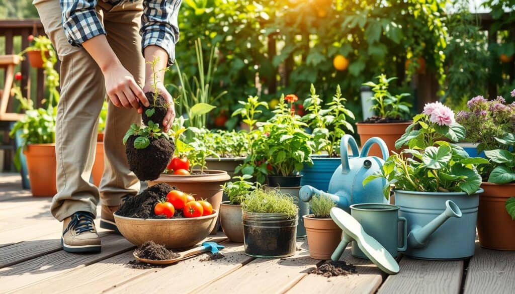 A vibrant and engaging scene of a beginner's container garden setup, featuring various potted plants like tomatoes, herbs, and flowers on a wooden patio. In the foreground, a person in modest casual clothing is repotting a small plant, carefully refreshing the soil with rich, dark compost. The middle ground displays various container sizes, some with healthy plants and others being prepared for new soil, surrounded by gardening tools like trowels and watering cans. In the background, soft sunlight filters through green foliage, creating a warm, inviting atmosphere. The overall composition exudes a sense of learning and enthusiastic gardening, with bright colors and natural textures that highlight the importance of proper plant care.