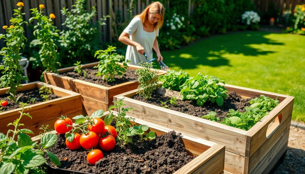 A vibrant and informative scene depicting a raised bed garden in a sunny backyard, focusing on seasonal maintenance and soil amendment strategies. In the foreground, a mix of healthy plants, including tomatoes, lettuce, and herbs, thrive in raised wooden planter boxes. Garden tools like a trowel and soil amendments such as compost and mulch are arranged neatly beside the beds. The middle ground shows a gardener, dressed in a simple, modest outfit, gently aerating the soil with a hand fork and examining the plants with care. In the background, a lush green lawn and flowering plants add to the serene atmosphere. The lighting is bright and natural, casting soft sunlight over the scene, creating an inviting and uplifting mood. A vibrant and informative scene depicting a raised bed garden in a sunny backyard, focusing on seasonal maintenance and soil amendment strategies. In the foreground, a mix of healthy plants, including tomatoes, lettuce, and herbs, thrive in raised wooden planter boxes. Garden tools like a trowel and soil amendments such as compost and mulch are arranged neatly beside the beds. The middle ground shows a gardener, dressed in a simple, modest outfit, gently aerating the soil with a hand fork and examining the plants with care. In the background, a lush green lawn and flowering plants add to the serene atmosphere. The lighting is bright and natural, casting soft sunlight over the scene, creating an inviting and uplifting mood.