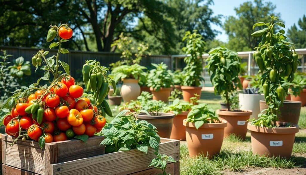 A vibrant and inviting garden scene featuring a variety of containers specifically designed for growing tomatoes, peppers, and cucumbers. In the foreground, showcase large, rustic wooden planters overflowing with bright red tomatoes, lush green peppers, and climbing cucumber vines. The middle ground should include classic terracotta pots and sleek modern planters, each with healthy plants clearly labeled for easy identification. In the background, a sunlit garden with soft, dappled sunlight filtering through trees creates an airy and harmonious atmosphere. The setting conveys a sense of freshness and growth, with a focus on sustainable gardening practices. Use a slightly elevated angle to capture both the containers and the lively plants, highlighting their colorful foliage against a backdrop of blue sky. A vibrant and inviting garden scene featuring a variety of containers specifically designed for growing tomatoes, peppers, and cucumbers. In the foreground, showcase large, rustic wooden planters overflowing with bright red tomatoes, lush green peppers, and climbing cucumber vines. The middle ground should include classic terracotta pots and sleek modern planters, each with healthy plants clearly labeled for easy identification. In the background, a sunlit garden with soft, dappled sunlight filtering through trees creates an airy and harmonious atmosphere. The setting conveys a sense of freshness and growth, with a focus on sustainable gardening practices. Use a slightly elevated angle to capture both the containers and the lively plants, highlighting their colorful foliage against a backdrop of blue sky.