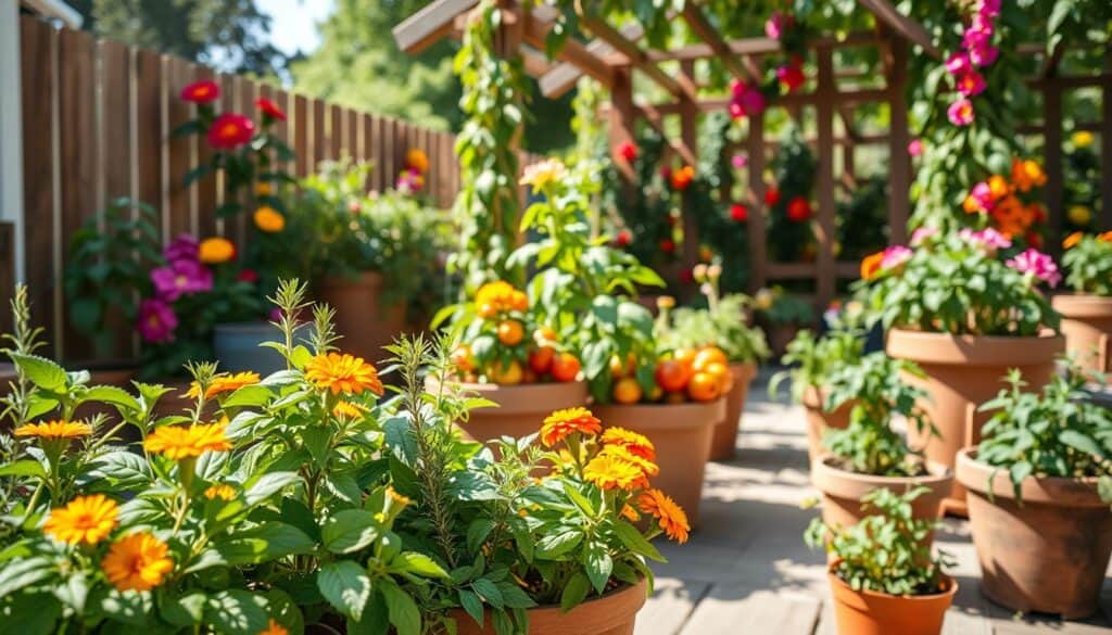 A vibrant and inviting microclimate container garden scene, showcasing an array of colorful potted plants, flowers, and vegetables arranged on a wooden patio. In the foreground, detailed close-ups of thriving herbs and flowering plants like basil, rosemary, and marigolds, each pot exhibiting lush greenery. The middle ground features larger containers of tomatoes and peppers basking in the warm sunlight. In the background, a wooden garden trellis adorned with climbing vines and bright blooms, surrounded by soft natural light filtering through the leaves. The atmosphere is cheerful and serene, evoking a sense of thriving life and harmony in a well-designed garden space. The image should be captured with a shallow depth of field for a warm, intimate feel, emphasizing the colors and textures of the plants. A vibrant and inviting microclimate container garden scene, showcasing an array of colorful potted plants, flowers, and vegetables arranged on a wooden patio. In the foreground, detailed close-ups of thriving herbs and flowering plants like basil, rosemary, and marigolds, each pot exhibiting lush greenery. The middle ground features larger containers of tomatoes and peppers basking in the warm sunlight. In the background, a wooden garden trellis adorned with climbing vines and bright blooms, surrounded by soft natural light filtering through the leaves. The atmosphere is cheerful and serene, evoking a sense of thriving life and harmony in a well-designed garden space. The image should be captured with a shallow depth of field for a warm, intimate feel, emphasizing the colors and textures of the plants.