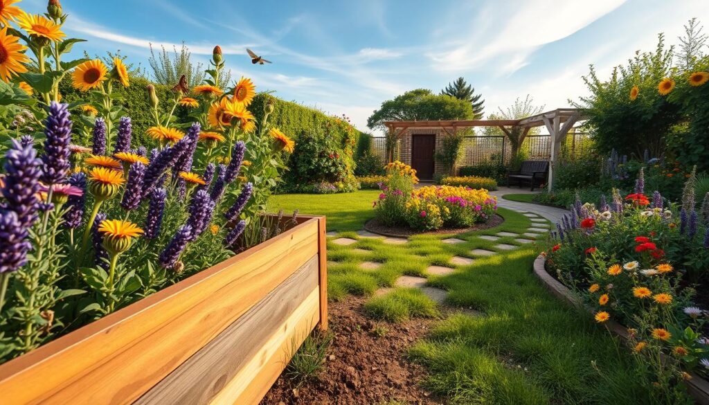 A vibrant and inviting raised bed garden, showcasing an array of colorful, pollinator-friendly plants like lavender, coneflowers, and sunflowers in full bloom. In the foreground, a well-maintained wooden raised bed filled with rich soil, dotted with blossoming herbs and flowers, attracts bees and butterflies, creating a lively scene. The middle ground features a beautifully paved pathway lined with soft green grass and flowering plants, leading to a charming seating area surrounded by fragrant blooms, under warm, golden sunlight. In the background, a clear blue sky with wispy clouds adds depth and openness. The atmosphere conveys a tranquil and harmonious outdoor space, ideal for gardening enthusiasts who appreciate nature's beauty and the importance of pollinators. Shot in soft focus to enhance the dreamy quality.