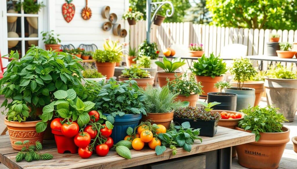 A vibrant and inviting scene featuring an assortment of edible container gardens suitable for various climates. In the foreground, colorful containers filled with fresh herbs, leafy greens, and vibrant vegetables like tomatoes and peppers are arranged on a rustic wooden table. The middle ground showcases a variety of container styles, from terracotta pots to modern metal planters, each with lush foliage and ripe produce peeking out. In the background, a sunny patio adorned with eclectic garden decorations creates a cozy atmosphere, while soft sunlight filters through nearby trees, casting gentle shadows. The overall mood is cheerful and productive, emphasizing the joy of growing food at home. Use natural lighting for a bright and airy feel, and focus on a balanced composition that invites the viewer to explore this gardening option. A vibrant and inviting scene featuring an assortment of edible container gardens suitable for various climates. In the foreground, colorful containers filled with fresh herbs, leafy greens, and vibrant vegetables like tomatoes and peppers are arranged on a rustic wooden table. The middle ground showcases a variety of container styles, from terracotta pots to modern metal planters, each with lush foliage and ripe produce peeking out. In the background, a sunny patio adorned with eclectic garden decorations creates a cozy atmosphere, while soft sunlight filters through nearby trees, casting gentle shadows. The overall mood is cheerful and productive, emphasizing the joy of growing food at home. Use natural lighting for a bright and airy feel, and focus on a balanced composition that invites the viewer to explore this gardening option.