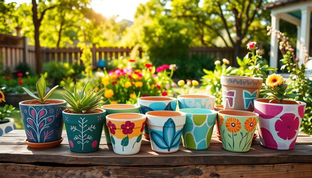 A vibrant and inviting scene showcasing a collection of creatively painted garden pots arranged on a rustic wooden table. In the foreground, a variety of pots, each with unique patterns and colors, display beginner-friendly painting techniques such as sponging, stenciling, and brush strokes. The middle ground features lush greenery and colorful flowers, enhancing the overall charm. In the background, a sunny garden setting with soft sunlight filtering through leafy trees creates a warm, airy atmosphere. Capture the intricate details of the pot designs while ensuring the colors pop, reflecting a joyful and creative vibe. Use a wide-angle lens to encompass the scene, highlighting the artistic pot designs against the natural beauty of the garden. A vibrant and inviting scene showcasing a collection of creatively painted garden pots arranged on a rustic wooden table. In the foreground, a variety of pots, each with unique patterns and colors, display beginner-friendly painting techniques such as sponging, stenciling, and brush strokes. The middle ground features lush greenery and colorful flowers, enhancing the overall charm. In the background, a sunny garden setting with soft sunlight filtering through leafy trees creates a warm, airy atmosphere. Capture the intricate details of the pot designs while ensuring the colors pop, reflecting a joyful and creative vibe. Use a wide-angle lens to encompass the scene, highlighting the artistic pot designs against the natural beauty of the garden.