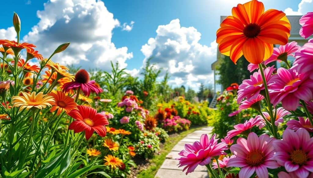A vibrant and lush home garden filled with the best perennial plants that bloom every year. In the foreground, colorful flowering plants like daylilies, coneflowers, and peonies display their vivid hues, showcasing their unique shapes and textures. The middle ground features a beautifully arranged garden bed bordered by soft green foliage, with a stone path winding through the flowers. In the background, a bright blue sky shines through fluffy white clouds, casting soft sunlight over the scene. The atmosphere is cheerful and inviting, capturing the essence of a serene garden retreat. The image is well-lit, highlighting the richness of the plant colors, with a focus achieved through a slight depth of field that emphasizes the flowers in the foreground. A vibrant and lush home garden filled with the best perennial plants that bloom every year. In the foreground, colorful flowering plants like daylilies, coneflowers, and peonies display their vivid hues, showcasing their unique shapes and textures. The middle ground features a beautifully arranged garden bed bordered by soft green foliage, with a stone path winding through the flowers. In the background, a bright blue sky shines through fluffy white clouds, casting soft sunlight over the scene. The atmosphere is cheerful and inviting, capturing the essence of a serene garden retreat. The image is well-lit, highlighting the richness of the plant colors, with a focus achieved through a slight depth of field that emphasizes the flowers in the foreground.