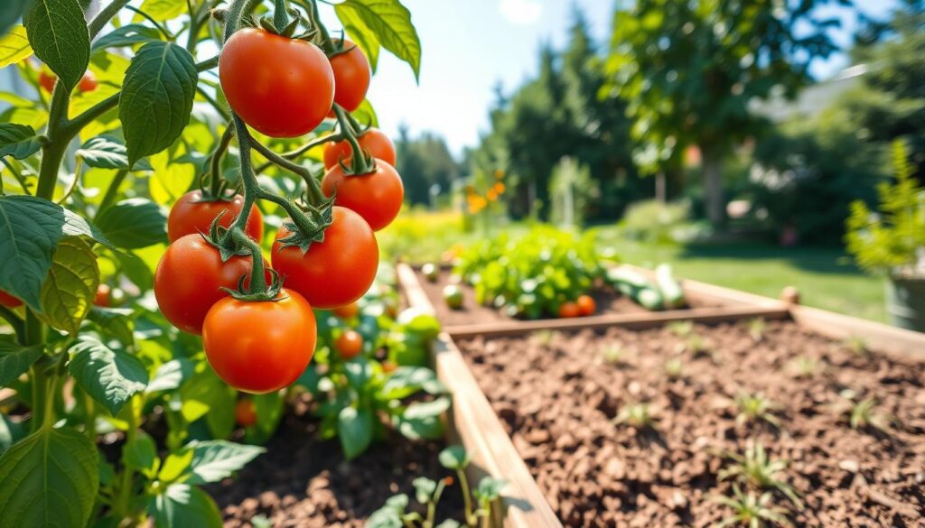 A vibrant and lush raised bed garden filled with an array of summer plants, showcasing a variety of vegetables and herbs such as tomatoes, peppers, basil, and zucchini. In the foreground, a close-up view of ripe tomatoes dangling from green vines, dew glistening in the soft sunlight. In the middle ground, a neatly organized raised bed, adorned with rich brown soil and greenery bursting with life, highlighting healthy, thriving plants. The background features a sunny backyard setting with greenery and a clear blue sky, casting a cheerful and inviting atmosphere. The scene is framed with natural lighting, capturing the warmth of summer, creating an overall mood of abundance and productivity in a home garden. Use a wide-angle lens to encapsulate the beauty of seasonal bounty.