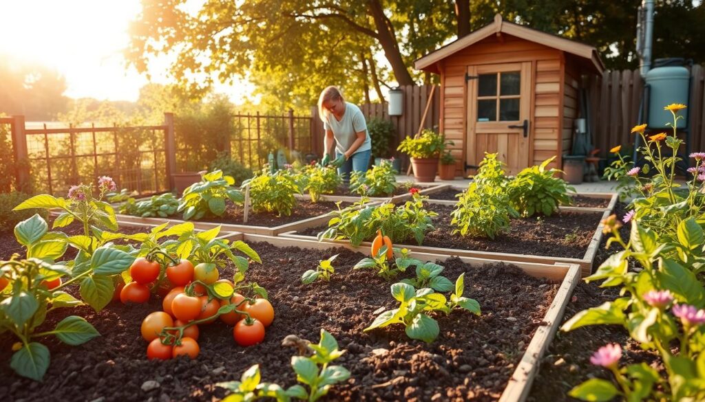 A vibrant and lush raised bed garden under soft, natural sunlight, showcasing sustainable gardening practices. In the foreground, healthy plants such as tomatoes, peppers, and herbs thrive in rich, dark organic soil. Surrounding the beds, diverse companion plants and pollinator-friendly flowers add color and biodiversity. In the middle ground, a gardener in modest casual clothing tends to the plants, demonstrating hands-on techniques like composting and mulching. The background features a traditional wooden shed filled with gardening tools and a rainwater collection system, emphasizing eco-friendly practices. The scene is well-lit, with warm sunlight filtering through nearby trees, creating a serene and nurturing atmosphere that reflects long-term soil health and sustainability. A vibrant and lush raised bed garden under soft, natural sunlight, showcasing sustainable gardening practices. In the foreground, healthy plants such as tomatoes, peppers, and herbs thrive in rich, dark organic soil. Surrounding the beds, diverse companion plants and pollinator-friendly flowers add color and biodiversity. In the middle ground, a gardener in modest casual clothing tends to the plants, demonstrating hands-on techniques like composting and mulching. The background features a traditional wooden shed filled with gardening tools and a rainwater collection system, emphasizing eco-friendly practices. The scene is well-lit, with warm sunlight filtering through nearby trees, creating a serene and nurturing atmosphere that reflects long-term soil health and sustainability.