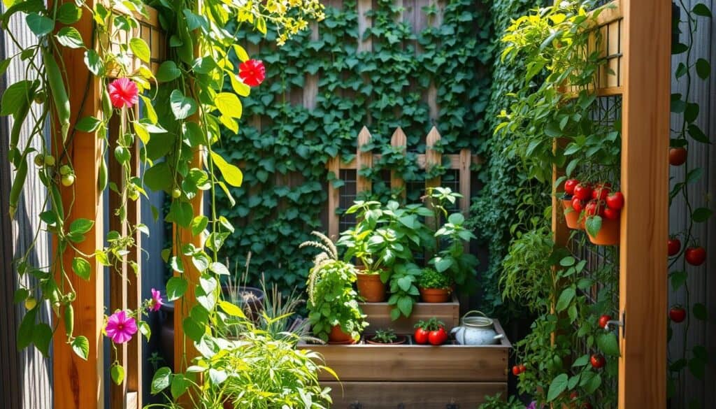A vibrant and lush vertical garden setup in a small backyard, showcasing various vertical gardening techniques. In the foreground, wooden trellises adorned with climbing plants like peas and beans, cascading green vines, and brightly colored flowers. In the middle, a compact, tiered planter filled with herbs such as basil, mint, and rosemary, interspersed with decorative pots containing strawberries and cherry tomatoes. The background features a small fence covered with climbing ivy, creating a sense of intimacy. Soft, natural sunlight filters through, casting gentle shadows and highlighting the rich green hues of the plants. The overall atmosphere is fresh, inviting, and perfect for small spaces, illustrating the beauty of maximizing vertical gardening in limited footprints. A vibrant and lush vertical garden setup in a small backyard, showcasing various vertical gardening techniques. In the foreground, wooden trellises adorned with climbing plants like peas and beans, cascading green vines, and brightly colored flowers. In the middle, a compact, tiered planter filled with herbs such as basil, mint, and rosemary, interspersed with decorative pots containing strawberries and cherry tomatoes. The background features a small fence covered with climbing ivy, creating a sense of intimacy. Soft, natural sunlight filters through, casting gentle shadows and highlighting the rich green hues of the plants. The overall atmosphere is fresh, inviting, and perfect for small spaces, illustrating the beauty of maximizing vertical gardening in limited footprints.