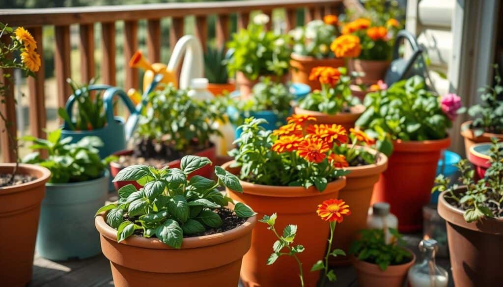 A vibrant and realistic container garden scene showcases several colorful pots filled with a variety of flourishing plants, including herbs, flowers, and small vegetables. In the foreground, focus on a terracotta pot overflowing with lush basil and vibrant marigolds, emphasizing proper fertilization signs like rich, healthy soil. In the middle ground, an array of other pots varies in size and color, some with visible watering cans and fertilizer containers nearby, suggesting careful maintenance. The background features a sun-drenched balcony or patio, framed by a wooden railing and gentle greenery, bathed in soft, natural light. The atmosphere is inviting and serene, conveying a sense of nurturing and growth, encouraging viewers to engage with the joys and responsibilities of container gardening.