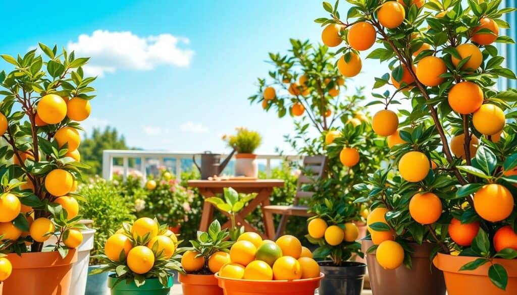 A vibrant and sunny patio scene featuring a selection of the best compact citrus trees ideal for container gardening. In the foreground, showcase a variety of potted citrus trees, such as lemon, lime, and orange, each in attractive, colorful pots. The citrus fruits are plump and ripe, glistening under soft, natural sunlight. In the middle ground, include a small wooden table adorned with gardening tools and a watering can, surrounded by lush green foliage that adds a refreshing vibe. In the background, depict a clear blue sky with a few fluffy clouds and a touch of distant garden scenery. Emphasize a cheerful, inviting atmosphere perfect for sunny outdoor relaxation. Use bright, airy lighting to create a warm and welcoming mood. A vibrant and sunny patio scene featuring a selection of the best compact citrus trees ideal for container gardening. In the foreground, showcase a variety of potted citrus trees, such as lemon, lime, and orange, each in attractive, colorful pots. The citrus fruits are plump and ripe, glistening under soft, natural sunlight. In the middle ground, include a small wooden table adorned with gardening tools and a watering can, surrounded by lush green foliage that adds a refreshing vibe. In the background, depict a clear blue sky with a few fluffy clouds and a touch of distant garden scenery. Emphasize a cheerful, inviting atmosphere perfect for sunny outdoor relaxation. Use bright, airy lighting to create a warm and welcoming mood.