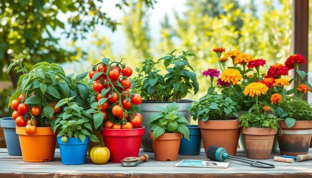 A vibrant arrangement of budget-friendly container plants set against a sunny patio backdrop. In the foreground, colorful pots brimming with sturdy tomato plants, fragrant herbs like basil and mint, and cheerful marigolds. The middle ground features a rustic wooden table with gardening tools and seed packets scattered around, inviting a sense of casual gardening. In the background, soft green foliage and hints of a blue sky filtered through gentle sunlight create an airy atmosphere. The photo captures a warm, welcoming mood, highlighting the joy of beginner gardeners. Use soft focus and natural lighting to enhance the realistic feel, making it an inspiring visual for aspiring container gardeners.
