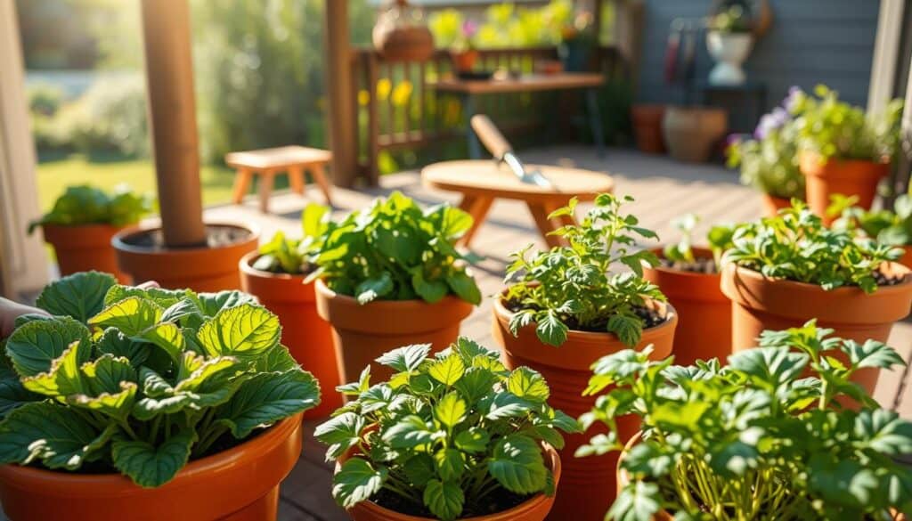 A vibrant arrangement of growing leafy greens in various pots, including kale, spinach, and arugula, situated on a sunny patio. The foreground features a mix of terracotta and ceramic pots, showcasing the rich green foliage of the plants in close-up detail. In the middle ground, a wooden deck gently frames the scene with sun-drenched textures, while a small wooden table displays gardening tools. In the background, a blurred view of a lush garden adds depth. Soft, natural sunlight streams in from the left, creating a warm and inviting atmosphere. The angle is slightly elevated, capturing the dynamic growth of the greens and the charming home setting. A vibrant arrangement of growing leafy greens in various pots, including kale, spinach, and arugula, situated on a sunny patio. The foreground features a mix of terracotta and ceramic pots, showcasing the rich green foliage of the plants in close-up detail. In the middle ground, a wooden deck gently frames the scene with sun-drenched textures, while a small wooden table displays gardening tools. In the background, a blurred view of a lush garden adds depth. Soft, natural sunlight streams in from the left, creating a warm and inviting atmosphere. The angle is slightly elevated, capturing the dynamic growth of the greens and the charming home setting.