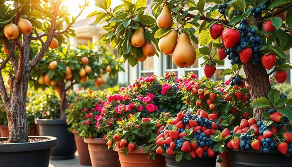 A vibrant arrangement of small space fruit trees, featuring compact pome fruits like dwarf apple and pear trees, alongside colorful berry bushes, such as blueberries and strawberries, all potted in stylish, large containers. The foreground showcases the textured bark and lush green leaves of the trees, while plump, ripe fruits hang enticingly from the branches. In the middle ground, the berry bushes burst with vibrant red and blue berries. The background features a sun-drenched patio with soft, natural light filtering through. The overall atmosphere is cheerful and inviting, conveying a sense of abundance and the joy of gardening in small spaces. The composition is shot with a shallow depth of field, emphasizing the trees and berries while softly blurring the background. A vibrant arrangement of small space fruit trees, featuring compact pome fruits like dwarf apple and pear trees, alongside colorful berry bushes, such as blueberries and strawberries, all potted in stylish, large containers. The foreground showcases the textured bark and lush green leaves of the trees, while plump, ripe fruits hang enticingly from the branches. In the middle ground, the berry bushes burst with vibrant red and blue berries. The background features a sun-drenched patio with soft, natural light filtering through. The overall atmosphere is cheerful and inviting, conveying a sense of abundance and the joy of gardening in small spaces. The composition is shot with a shallow depth of field, emphasizing the trees and berries while softly blurring the background.