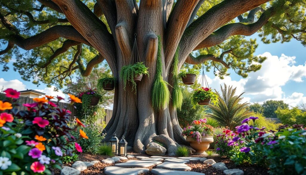 A vibrant backyard garden centered around a majestic tree, showcasing unique garden design ideas. In the foreground, colorful flowering plants in a variety of shapes and sizes frame the tree, while decorative stones and small lanterns create a natural path leading to it. In the middle ground, the richly textured bark of the tree is adorned with hanging planters filled with trailing vines and lush ferns, inviting an air of serenity. The background features a bright blue sky with soft, fluffy clouds, and dappled sunlight filtering through the tree branches, casting gentle shadows on the ground. The overall atmosphere is warm and inviting, evoking a peaceful outdoor retreat, captured from a low angle to emphasize the height and grandeur of the tree among its garden companions.