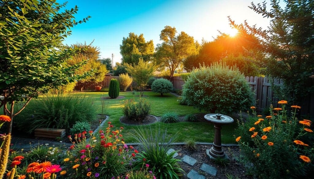 A vibrant backyard garden designed for biodiversity, featuring a variety of native trees and flowering shrubs. In the foreground, colorful patches of wildflowers attract butterflies and bees, with a small birdbath nearby for visiting birds. The middle ground showcases several young fruit trees interspersed with dense, bushy shrubs that provide cover and nesting opportunities. In the background, a warm, golden sunlight filters through the leaves, casting playful shadows on the ground. This inviting scene is framed by a wooden fence, with a clear blue sky above. The atmosphere is tranquil and lively, reflecting a harmonious ecosystem rich in wildlife. Use a wide-angle lens to capture the expansive view, ensuring a natural feel to the composition.
