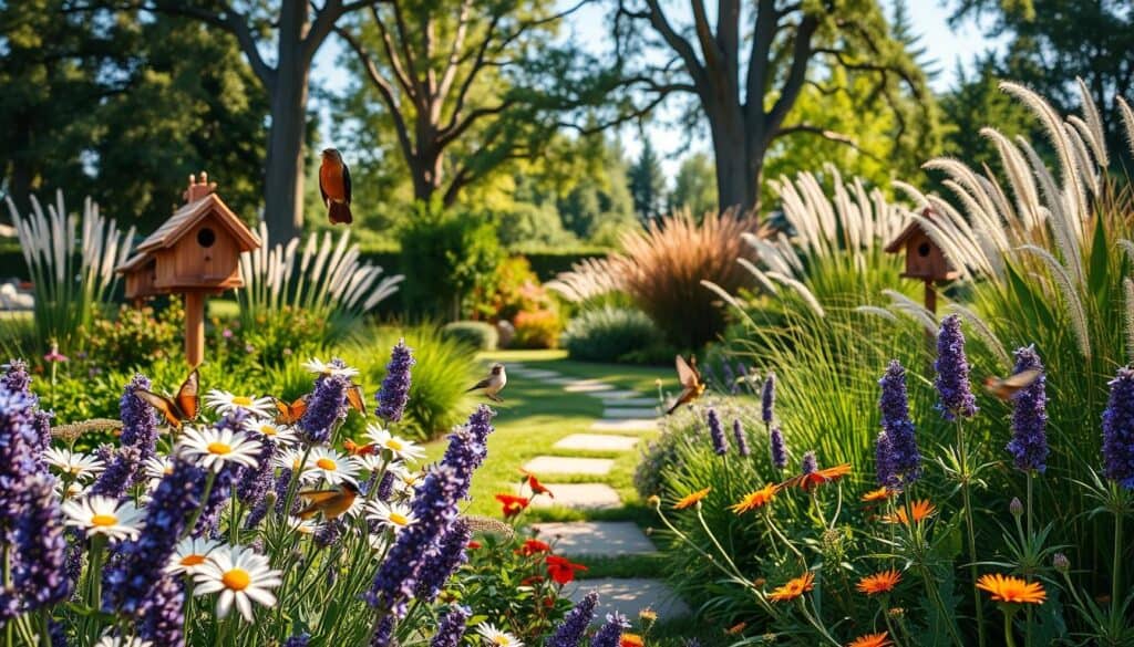 A vibrant backyard garden designed to attract butterflies and birds, featuring a variety of colorful flowers such as daisies and lavender in the foreground. Delicate butterflies flutter among the blooms, while songbirds perch on rustic wooden birdhouses. In the middle ground, a gentle pathway winds through lush greenery, bordered by ornamental grasses and shrubs, creating an inviting atmosphere. The background showcases tall trees filtering soft, natural sunlight that bathes the scene in warm hues, enhancing the tranquil mood. Include a clear blue sky above, casting gentle shadows on the garden. The setting is bright and airy, embodying a serene natural environment perfect for wildlife. Capture this scene with a slightly elevated angle to highlight the layers of plant life and the charming garden layout.