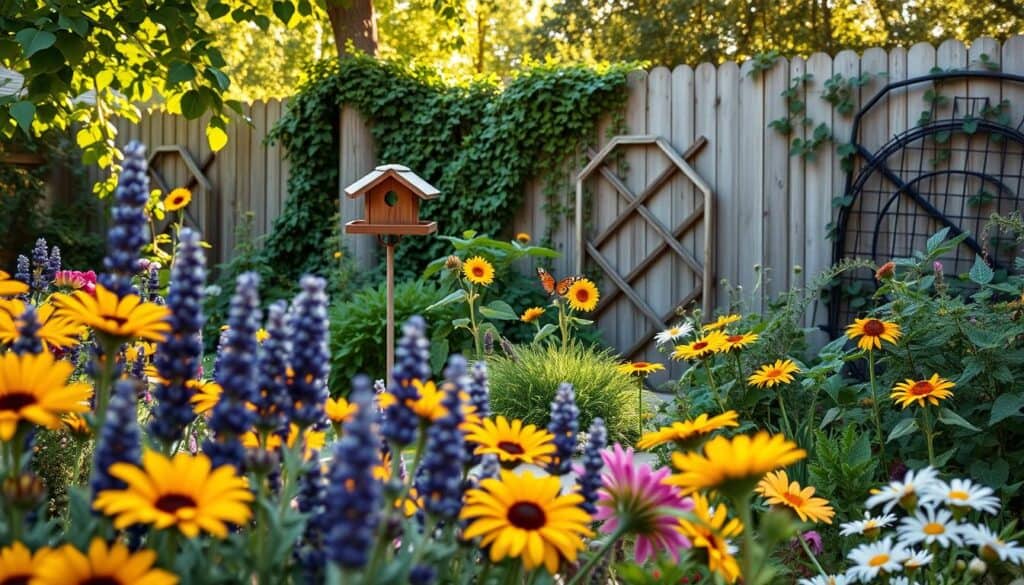 A vibrant backyard garden designed to attract butterflies and birds, featuring a variety of colorful flowers, including lavender, sunflowers, and daisies in the foreground. In the middle ground, include a rustic wooden bird feeder and a butterfly-friendly nectar station surrounded by lush greenery. The background showcases a gentle rolling fence adorned with climbing vines and trellises, creating a cozy and inviting atmosphere. Soft sunlight filters through the leaves, casting warm, dappled light across the scene. The angle should be slightly elevated, capturing the garden from a perspective that reveals its fullness and charm. The mood is serene and enchanting, perfect for a wildlife-friendly retreat.