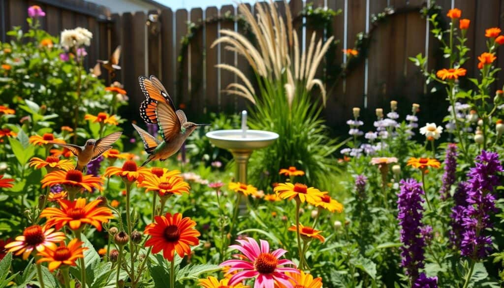 A vibrant backyard garden designed to attract monarch butterflies and hummingbirds. In the foreground, colorful native flowers such as milkweed and salvia bloom, surrounded by lush green foliage. Hummingbirds flit among the blossoms, their iridescent feathers glistening in the soft sunlight. Monarch butterflies rest delicately on the flowers, showcasing their striking orange and black wings. In the middle ground, a small decorative birdbath provides a drinking spot, surrounded by a mix of tall grasses and flowering plants. The background features a wooden fence adorned with climbing vines and a clear blue sky. The scene is bathed in bright natural light, creating a warm and inviting atmosphere, emphasizing the beauty of nature and the importance of habitat creation.