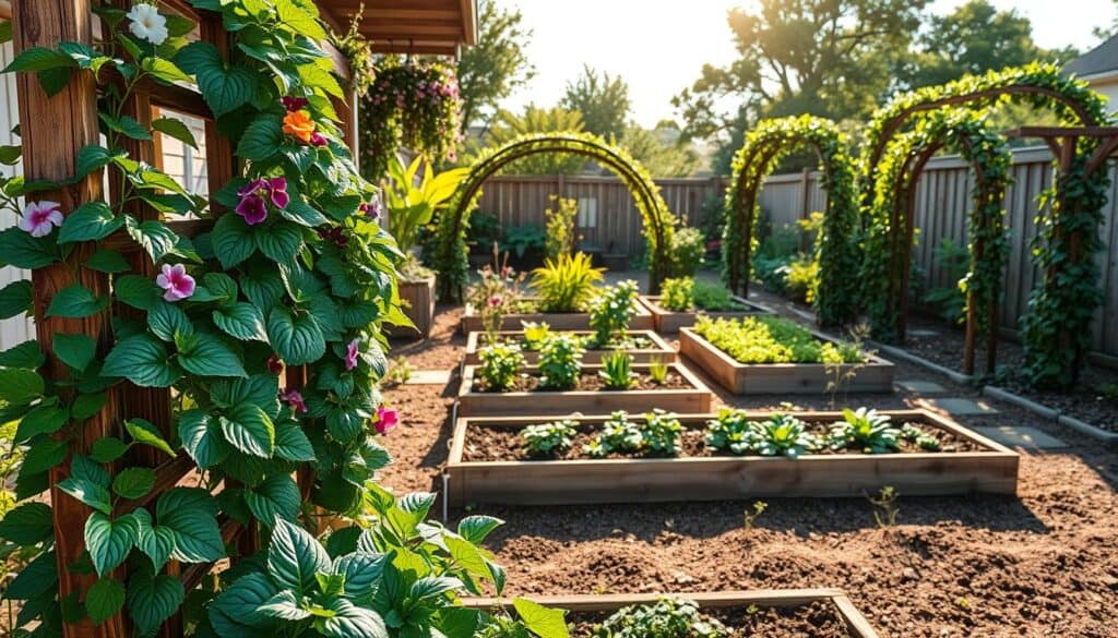 A vibrant backyard garden featuring raised beds overflowing with various vegetables and herbs, showcasing an efficient use of space. In the foreground, a detailed close-up of lush green plants climbing a wooden trellis, adorned with colorful flowers for added visual interest. The middle of the image displays several raised beds arranged in a visually appealing layout, with the rich soil clearly visible. Arches covered with climbing plants create a stunning vertical effect, enhancing the overall aesthetic. The background reveals a sunny sky, illuminated by soft sunlight filtering through trees, casting gentle shadows. The atmosphere is tranquil and productive, evoking a sense of abundance and harmony in nature. Capture the scene with a wide-angle lens to encompass the entire garden and create depth.