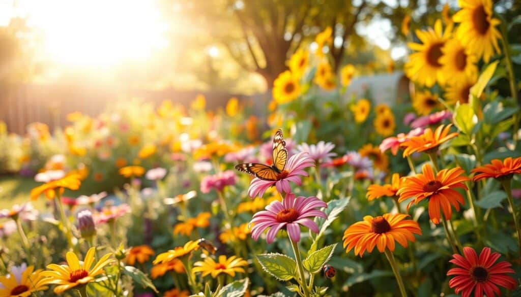 A vibrant backyard garden filled with a variety of colorful flowers such as daisies, marigolds, and sunflowers, attracting beneficial insects like butterflies and bees. In the foreground, a close-up view of a butterfly delicately resting on a flower, showcasing its intricate patterns and vivid colors. In the middle ground, a diverse range of plants and herbs, exuding lush greens and inviting textures, while a few ladybugs can be seen wandering among the leaves, symbolizing natural pest control. The background features softly blurred trees bathed in warm, golden sunlight, creating a tranquil atmosphere. The scene is well-lit with soft sunlight filtering through, enhancing the vibrant colors and inviting a sense of peace and harmony in the garden.