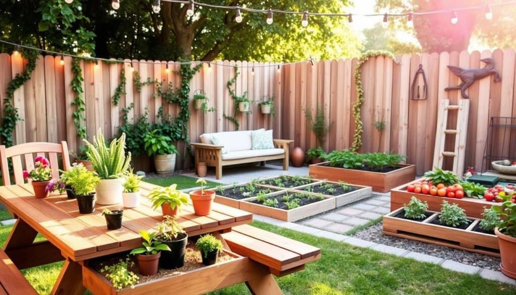 A vibrant backyard garden makeover scene showcasing affordable ideas under $500. In the foreground, a wooden picnic table adorned with potted herbs and colorful flowers, surrounded by rustic garden chairs. In the middle, a small vegetable patch with neatly arranged rows of tomatoes and peppers, alongside a cozy seating area with string lights hanging above, creating a warm atmosphere. The background features a wooden fence with climbing vines and a few well-placed garden sculptures. The lighting is bright and natural, with soft sunlight filtering through the trees, casting gentle shadows. The overall mood is inviting and cheerful, encouraging creativity and relaxation in an outdoor space. A vibrant backyard garden makeover scene showcasing affordable ideas under $500. In the foreground, a wooden picnic table adorned with potted herbs and colorful flowers, surrounded by rustic garden chairs. In the middle, a small vegetable patch with neatly arranged rows of tomatoes and peppers, alongside a cozy seating area with string lights hanging above, creating a warm atmosphere. The background features a wooden fence with climbing vines and a few well-placed garden sculptures. The lighting is bright and natural, with soft sunlight filtering through the trees, casting gentle shadows. The overall mood is inviting and cheerful, encouraging creativity and relaxation in an outdoor space.