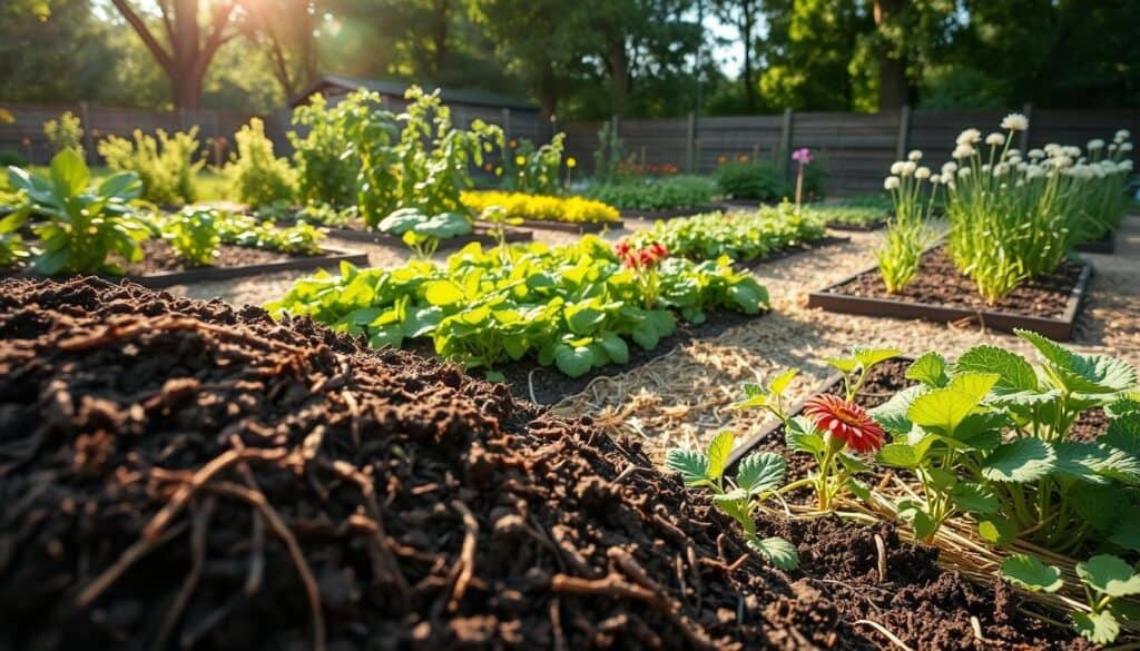 A vibrant backyard garden scene focusing on soil health and natural weed prevention techniques. In the foreground, a close-up view of rich, dark soil mixed with organic compost, showing healthy roots from nearby plants. In the middle ground, an array of lush, green vegetables and native flowers thriving in well-maintained beds, illustrating diverse planting strategies. In the background, a sunlit garden area with straw mulch and clearly defined pathways between plots, promoting air circulation and moisture retention. Soft sunlight filters through overhead trees, casting a warm glow over the scene, which evokes a mood of tranquility and natural harmony. The angle is slightly elevated, giving a comprehensive overview of these sustainable gardening practices while emphasizing the importance of soil health in weed prevention. A vibrant backyard garden scene focusing on soil health and natural weed prevention techniques. In the foreground, a close-up view of rich, dark soil mixed with organic compost, showing healthy roots from nearby plants. In the middle ground, an array of lush, green vegetables and native flowers thriving in well-maintained beds, illustrating diverse planting strategies. In the background, a sunlit garden area with straw mulch and clearly defined pathways between plots, promoting air circulation and moisture retention. Soft sunlight filters through overhead trees, casting a warm glow over the scene, which evokes a mood of tranquility and natural harmony. The angle is slightly elevated, giving a comprehensive overview of these sustainable gardening practices while emphasizing the importance of soil health in weed prevention.