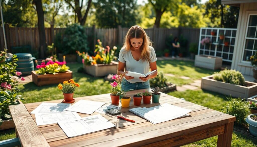 A vibrant backyard garden scene, showcasing a transformative design process with a rustic wooden table in the foreground, covered in sketches and budget plans. In the middle, a homeowner, dressed in casual attire, examines colorful plant options in pots, with a notebook and calculator beside them. The background features a well-maintained garden space with blooming flowers, DIY planter boxes, and a small raised vegetable bed, all under bright natural light. Soft sunlight filters through trees, casting gentle shadows, creating an airy atmosphere that evokes a sense of creativity and excitement. The scene captures the essence of planning a budget-friendly garden transformation, inviting viewers to envision their own projects.
