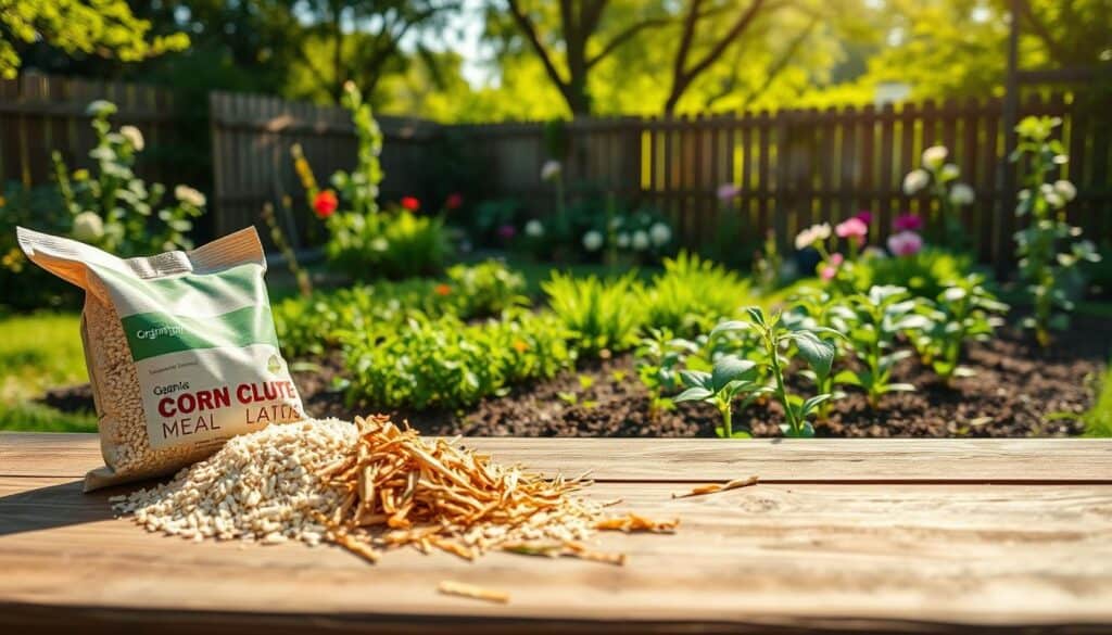 A vibrant backyard garden scene showcasing organic pre-emergent weed control methods. In the foreground, a rustic wooden table features an array of natural materials like corn gluten meal, mulch, and straw, symbolizing organic options. The middle ground presents lush green flower beds, rich soil, and young plants thriving, highlighting a weed-free environment. The background is a sunlit garden with a wooden fence, blooming flowers, and leafy trees filtering soft, natural sunlight, creating an inviting and peaceful atmosphere. The angle is slightly elevated, capturing the entire garden landscape warmly lit. The overall mood is serene, emphasizing sustainable gardening practices without chemicals. A vibrant backyard garden scene showcasing organic pre-emergent weed control methods. In the foreground, a rustic wooden table features an array of natural materials like corn gluten meal, mulch, and straw, symbolizing organic options. The middle ground presents lush green flower beds, rich soil, and young plants thriving, highlighting a weed-free environment. The background is a sunlit garden with a wooden fence, blooming flowers, and leafy trees filtering soft, natural sunlight, creating an inviting and peaceful atmosphere. The angle is slightly elevated, capturing the entire garden landscape warmly lit. The overall mood is serene, emphasizing sustainable gardening practices without chemicals.