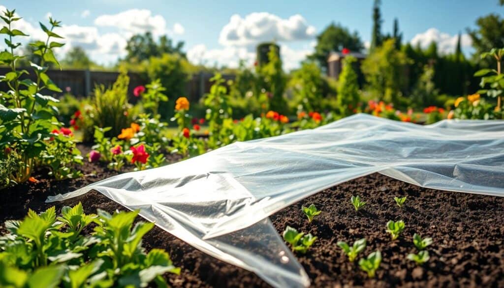 A vibrant backyard garden scene showcasing the process of soil solarization for weed control. In the foreground, a neatly arranged plot covered with clear plastic sheeting, capturing the sun's heat, with visible healthy, dark soil underneath. Surrounding the plot are green, healthy plants, contrasting the focus on the sheeting. The middle ground features a variety of colorful vegetables and flowers, thriving in the garden, while a soft, warm light filters through, creating a serene and nurturing atmosphere. The background includes a sunny blue sky with a few fluffy clouds, enhancing the idea of natural heat being harnessed. The overall mood is peaceful and eco-friendly, highlighting an effective, chemical-free method of weed eradication. A vibrant backyard garden scene showcasing the process of soil solarization for weed control. In the foreground, a neatly arranged plot covered with clear plastic sheeting, capturing the sun's heat, with visible healthy, dark soil underneath. Surrounding the plot are green, healthy plants, contrasting the focus on the sheeting. The middle ground features a variety of colorful vegetables and flowers, thriving in the garden, while a soft, warm light filters through, creating a serene and nurturing atmosphere. The background includes a sunny blue sky with a few fluffy clouds, enhancing the idea of natural heat being harnessed. The overall mood is peaceful and eco-friendly, highlighting an effective, chemical-free method of weed eradication.