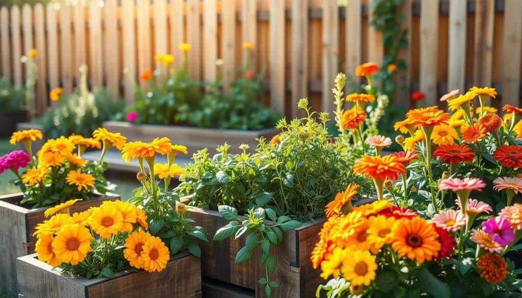 A vibrant backyard scene showcasing a selection of cheap garden plants in a bright and airy setting. In the foreground, a variety of colorful flowering plants such as marigolds, petunias, and zinnias in cheerful hues of yellow, orange, and pink are arranged in rustic wooden planters. The middle ground features a simple, well-kept garden bed filled with lush green foliage and a mix of affordable herbs, like basil and parsley, thriving alongside the flowers. In the background, a wooden fence bathed in soft sunlight hints at a tranquil garden atmosphere. The scene is illuminated with warm, natural light that enhances the vivid colors and textures of the plants, conveying a cheerful and inviting mood, ideal for a garden makeover theme. A vibrant backyard scene showcasing a selection of cheap garden plants in a bright and airy setting. In the foreground, a variety of colorful flowering plants such as marigolds, petunias, and zinnias in cheerful hues of yellow, orange, and pink are arranged in rustic wooden planters. The middle ground features a simple, well-kept garden bed filled with lush green foliage and a mix of affordable herbs, like basil and parsley, thriving alongside the flowers. In the background, a wooden fence bathed in soft sunlight hints at a tranquil garden atmosphere. The scene is illuminated with warm, natural light that enhances the vivid colors and textures of the plants, conveying a cheerful and inviting mood, ideal for a garden makeover theme.