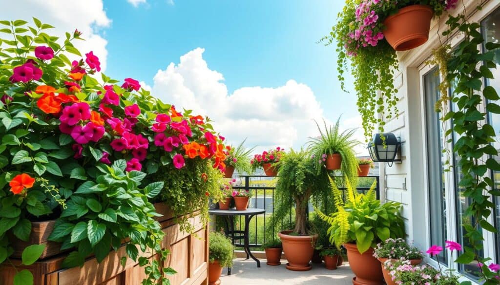 A vibrant balcony container garden filled with a variety of colorful hanging basket plants, such as petunias, ferns, and trailing ivy. In the foreground, showcase lush green plants cascading over rustic wooden planters and terracotta pots. In the middle ground, include a cozy seating area with a small table, surrounded by flowering plants, creating an inviting atmosphere. The background features a clear blue sky and light, fluffy clouds, illuminating the scene with soft, warm sunlight. Use a wide-angle lens to enhance depth, capturing the beauty and variety of the plant life. The mood is serene and peaceful, perfect for enjoying the beauty of nature in an urban setting. A vibrant balcony container garden filled with a variety of colorful hanging basket plants, such as petunias, ferns, and trailing ivy. In the foreground, showcase lush green plants cascading over rustic wooden planters and terracotta pots. In the middle ground, include a cozy seating area with a small table, surrounded by flowering plants, creating an inviting atmosphere. The background features a clear blue sky and light, fluffy clouds, illuminating the scene with soft, warm sunlight. Use a wide-angle lens to enhance depth, capturing the beauty and variety of the plant life. The mood is serene and peaceful, perfect for enjoying the beauty of nature in an urban setting.