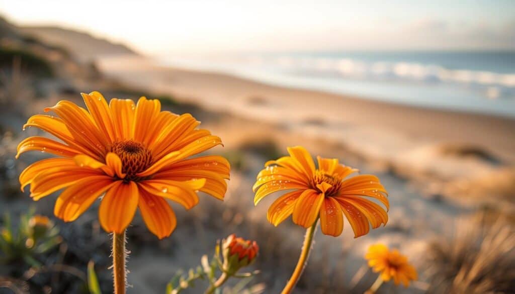 A vibrant blanket flower in full bloom, showcasing its striking orange and yellow petals, set against a softly blurred coastal landscape. In the foreground, the flower displays dew-kissed petals illuminated by warm, soft sunlight, creating a sense of freshness. The middle ground reveals a few scattered native plants, enhancing the sense of a natural habitat. In the background, gentle sand dunes and the ocean waves softly merge into the sky, painted in pastel hues of dawn. The atmosphere is serene and inviting, capturing the drought-tolerant charm of this coastal plant while illustrating its role in attracting pollinators. The scene is well-lit, utilizing natural light to highlight the flower's vivid colors and textures, evoking a feeling of tranquility and connection to nature. A vibrant blanket flower in full bloom, showcasing its striking orange and yellow petals, set against a softly blurred coastal landscape. In the foreground, the flower displays dew-kissed petals illuminated by warm, soft sunlight, creating a sense of freshness. The middle ground reveals a few scattered native plants, enhancing the sense of a natural habitat. In the background, gentle sand dunes and the ocean waves softly merge into the sky, painted in pastel hues of dawn. The atmosphere is serene and inviting, capturing the drought-tolerant charm of this coastal plant while illustrating its role in attracting pollinators. The scene is well-lit, utilizing natural light to highlight the flower's vivid colors and textures, evoking a feeling of tranquility and connection to nature.