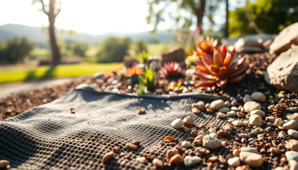 A vibrant close-up of landscape fabric designed for rock gardens, set in a well-prepared soil bed. In the foreground, the textured fabric shows its porous surface, surrounded by carefully arranged small rocks and pebbles that contribute to effective drainage. The middle ground features a variety of colorful plants and succulents peeking through the edges of the fabric, emphasizing the functionality of the material. In the background, soft-focus greenery and distant hills create a peaceful, natural atmosphere under bright natural light, with soft sunlight filtering through trees, casting gentle shadows. The overall mood is serene and inviting, showcasing the harmonious blend of practicality and beauty in garden design. A vibrant close-up of landscape fabric designed for rock gardens, set in a well-prepared soil bed. In the foreground, the textured fabric shows its porous surface, surrounded by carefully arranged small rocks and pebbles that contribute to effective drainage. The middle ground features a variety of colorful plants and succulents peeking through the edges of the fabric, emphasizing the functionality of the material. In the background, soft-focus greenery and distant hills create a peaceful, natural atmosphere under bright natural light, with soft sunlight filtering through trees, casting gentle shadows. The overall mood is serene and inviting, showcasing the harmonious blend of practicality and beauty in garden design.