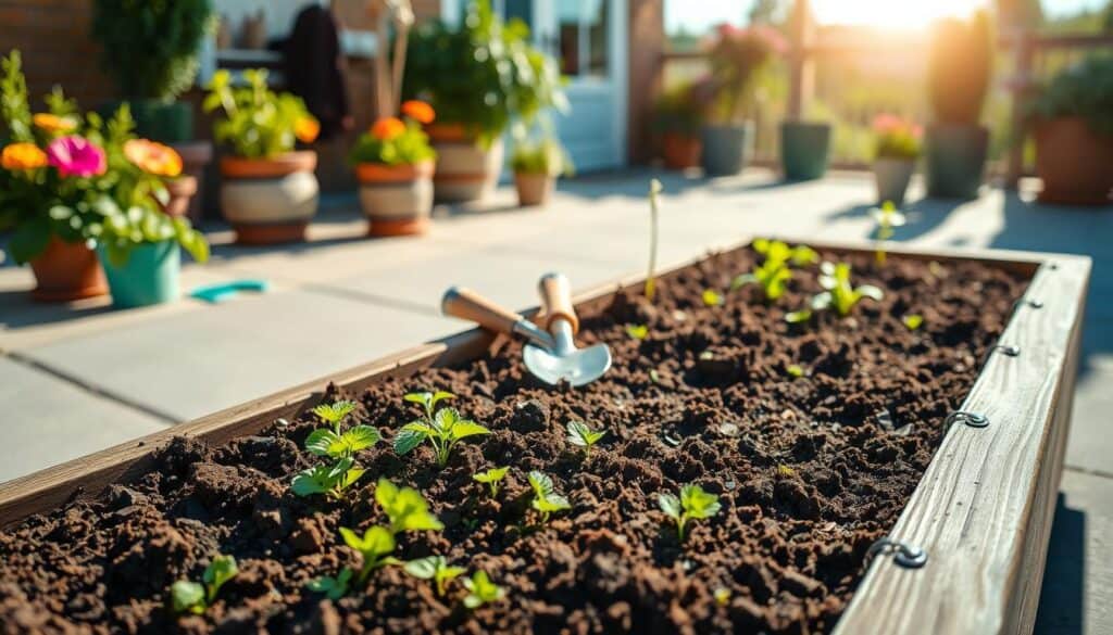 A vibrant, close-up view of a raised bed garden situated on a concrete patio, showcasing the ideal soil mix for container gardening. In the foreground, a wooden raised bed filled with rich, dark brown soil, speckled with vibrant green plants and colorful flowers. The middle ground features gardening tools like a trowel and gloves neatly placed. The background reveals a sunny patio setting with potted plants and a clear blue sky, flooded with soft natural light. The scene is warm and inviting, creating an atmosphere of peaceful gardening. Use a slightly elevated angle to capture the depth of the raised bed and the texture of the soil, illuminated by gentle sunlight, emphasizing the health and vibrancy of the planting mix. A vibrant, close-up view of a raised bed garden situated on a concrete patio, showcasing the ideal soil mix for container gardening. In the foreground, a wooden raised bed filled with rich, dark brown soil, speckled with vibrant green plants and colorful flowers. The middle ground features gardening tools like a trowel and gloves neatly placed. The background reveals a sunny patio setting with potted plants and a clear blue sky, flooded with soft natural light. The scene is warm and inviting, creating an atmosphere of peaceful gardening. Use a slightly elevated angle to capture the depth of the raised bed and the texture of the soil, illuminated by gentle sunlight, emphasizing the health and vibrancy of the planting mix.