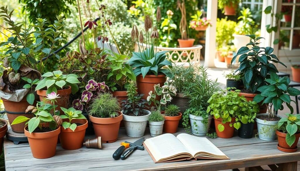 A vibrant, cluttered container garden showcasing common planting mistakes, such as overgrown plants competing for space, dead foliage, and pots poorly matched to their plants. In the foreground, a mismatched assortment of containers—some too small, others too large—overflowing with various plants in different stages of health, illustrating neglect. The middle ground features a weathered wooden table with scattered gardening tools and a half-open gardening book, emphasizing the theme of learning. The background includes a sunny patio surrounded by lush greenery, with soft, natural light filtering through. The overall atmosphere is light but conveys a sense of confusion and missed opportunities, guiding beginners to reconsider their planting choices during seasonal transitions.