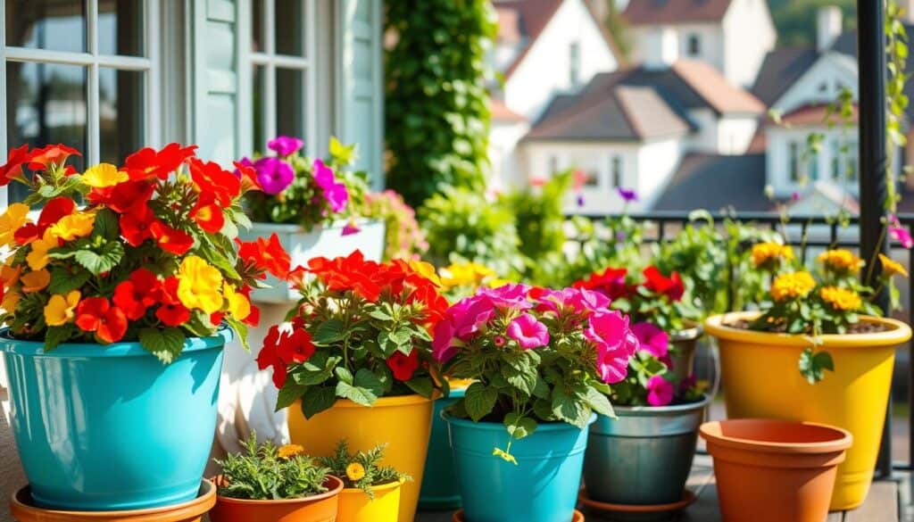 A vibrant collection of colorful container gardens beautifully arranged on a sunny balcony. In the foreground, there are various painted pots in hues of turquoise, bright yellow, and terracotta, overflowing with blooming flowers like geraniums and petunias. The middle ground features window box planters filled with herbs and trailing vines, creating a lush tapestry of green and color. In the background, a soft-focus view of a quaint neighborhood adds depth to the scene. Natural sunlight filters through, illuminating the plants and casting gentle shadows, evoking a cheerful and inviting atmosphere. The lens is slightly elevated, capturing the garden from an angle that enhances its charm, making it ideal for small spaces. A vibrant collection of colorful container gardens beautifully arranged on a sunny balcony. In the foreground, there are various painted pots in hues of turquoise, bright yellow, and terracotta, overflowing with blooming flowers like geraniums and petunias. The middle ground features window box planters filled with herbs and trailing vines, creating a lush tapestry of green and color. In the background, a soft-focus view of a quaint neighborhood adds depth to the scene. Natural sunlight filters through, illuminating the plants and casting gentle shadows, evoking a cheerful and inviting atmosphere. The lens is slightly elevated, capturing the garden from an angle that enhances its charm, making it ideal for small spaces.