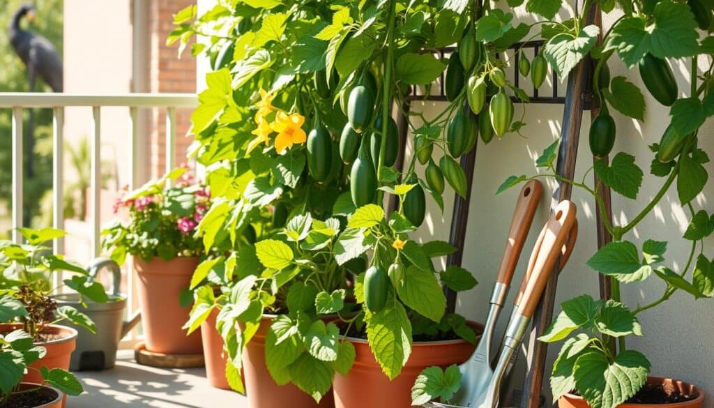 A vibrant container garden displaying healthy cucumber plants growing vertically on a small patio. In the foreground, there are multiple pots filled with lush green cucumber vines, some with bright yellow flowers and small cucumbers forming. A trellis supports the climbing plants, adorned with rich foliage. In the middle ground, garden tools like a watering can and trowel are neatly arranged beside the pots, emphasizing the importance of watering. The background features a sunlit balcony with light streaming through, casting gentle shadows. The atmosphere is serene, with soft sunlight illuminating the plants, creating a cheerful and productive gardening mood. The scene is well-composed with a focus on the beauty of container gardening, captured in a bright, airy, and well-lit setting. A vibrant container garden displaying healthy cucumber plants growing vertically on a small patio. In the foreground, there are multiple pots filled with lush green cucumber vines, some with bright yellow flowers and small cucumbers forming. A trellis supports the climbing plants, adorned with rich foliage. In the middle ground, garden tools like a watering can and trowel are neatly arranged beside the pots, emphasizing the importance of watering. The background features a sunlit balcony with light streaming through, casting gentle shadows. The atmosphere is serene, with soft sunlight illuminating the plants, creating a cheerful and productive gardening mood. The scene is well-composed with a focus on the beauty of container gardening, captured in a bright, airy, and well-lit setting.