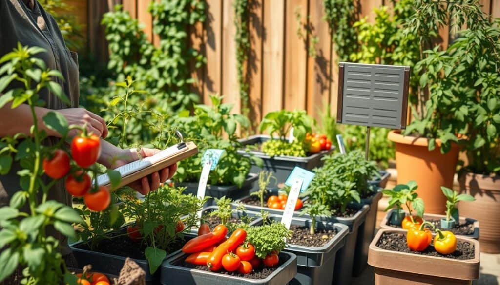 A vibrant container garden featuring a variety of vegetables like tomatoes, peppers, and lettuce, situated on a sunny patio. In the foreground, a gardener in modest casual clothing inspects the plants for pests, holding a clipboard with a pest identification guide. The middle ground shows several containers with healthy plants, clearly marked with small labels. In the background, a wooden fence is adorned with climbing plants and herbs. Soft, natural sunlight bathes the scene, casting gentle shadows and highlighting the vivid colors of the vegetables. The overall mood is one of diligence and care, with an emphasis on problem-solving and nurturing plant life in an appealing, well-designed outdoor space. A vibrant container garden featuring a variety of vegetables like tomatoes, peppers, and lettuce, situated on a sunny patio. In the foreground, a gardener in modest casual clothing inspects the plants for pests, holding a clipboard with a pest identification guide. The middle ground shows several containers with healthy plants, clearly marked with small labels. In the background, a wooden fence is adorned with climbing plants and herbs. Soft, natural sunlight bathes the scene, casting gentle shadows and highlighting the vivid colors of the vegetables. The overall mood is one of diligence and care, with an emphasis on problem-solving and nurturing plant life in an appealing, well-designed outdoor space.