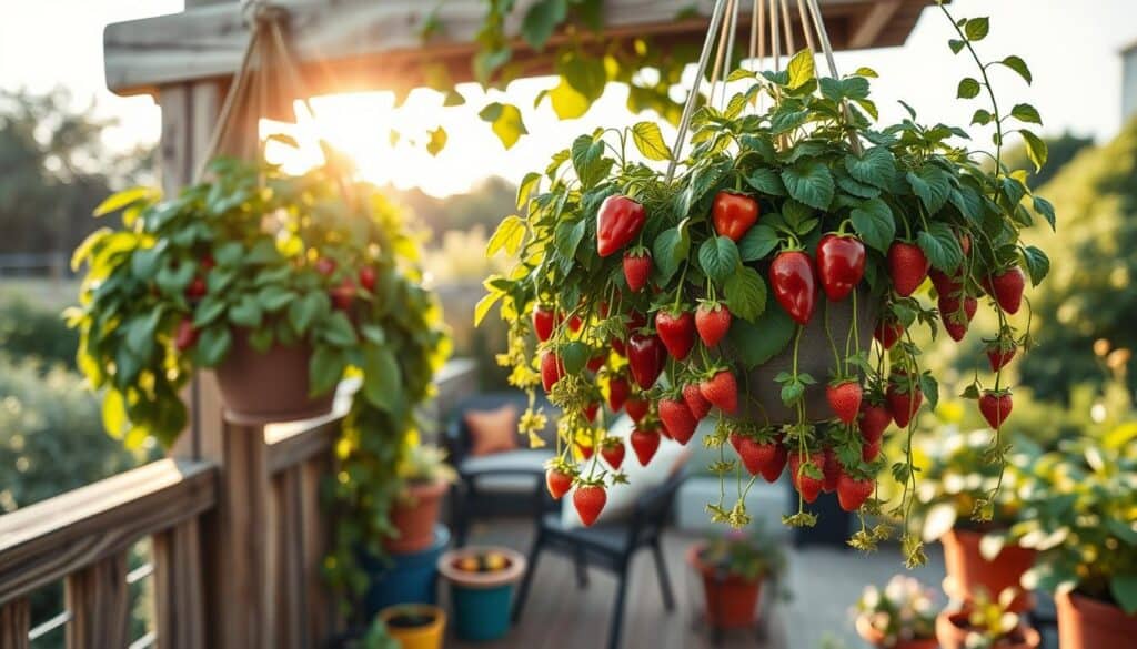 A vibrant container garden filled with various edible plants, showcasing lush green herbs like basil and parsley, vibrant bell peppers, and trailing strawberry plants in decorative hanging baskets. In the foreground, the hanging baskets are overflowing with foliage, elegantly draping down from a rustic wooden balcony railing. In the middle ground, a well-maintained patio can be seen, decorated with colorful flower pots and a cozy seating area. The background features a sunlit sky and lush greenery, creating a serene atmosphere. The image is captured in soft daylight, with gentle sunlight filtering through the leaves, highlighting the textures of the plants. Use a shallow depth of field to emphasize the hanging baskets in focus, evoking a feeling of warmth and tranquility ideal for urban gardening enthusiasts. A vibrant container garden filled with various edible plants, showcasing lush green herbs like basil and parsley, vibrant bell peppers, and trailing strawberry plants in decorative hanging baskets. In the foreground, the hanging baskets are overflowing with foliage, elegantly draping down from a rustic wooden balcony railing. In the middle ground, a well-maintained patio can be seen, decorated with colorful flower pots and a cozy seating area. The background features a sunlit sky and lush greenery, creating a serene atmosphere. The image is captured in soft daylight, with gentle sunlight filtering through the leaves, highlighting the textures of the plants. Use a shallow depth of field to emphasize the hanging baskets in focus, evoking a feeling of warmth and tranquility ideal for urban gardening enthusiasts.