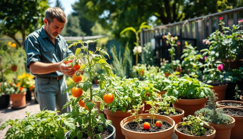 A vibrant container garden scene focusing on troubleshooting potted plant issues, featuring a variety of colorful and healthy plants in well-maintained pots. In the foreground, a person dressed in casual gardening attire inspects the leaves of a thriving tomato plant, looking thoughtfully at signs of stress such as yellowing leaves. In the middle ground, several containers of diverse plants like herbs, flowers, and vegetables are arranged, showcasing a mix of healthy and struggling specimens. The background includes a bright, sunny garden setting with soft, natural light filtering through trees, creating an airy atmosphere. Capture the mood of determination and success in overcoming gardening challenges, with a wide-angle perspective to emphasize the lushness of the garden. A vibrant container garden scene focusing on troubleshooting potted plant issues, featuring a variety of colorful and healthy plants in well-maintained pots. In the foreground, a person dressed in casual gardening attire inspects the leaves of a thriving tomato plant, looking thoughtfully at signs of stress such as yellowing leaves. In the middle ground, several containers of diverse plants like herbs, flowers, and vegetables are arranged, showcasing a mix of healthy and struggling specimens. The background includes a bright, sunny garden setting with soft, natural light filtering through trees, creating an airy atmosphere. Capture the mood of determination and success in overcoming gardening challenges, with a wide-angle perspective to emphasize the lushness of the garden.